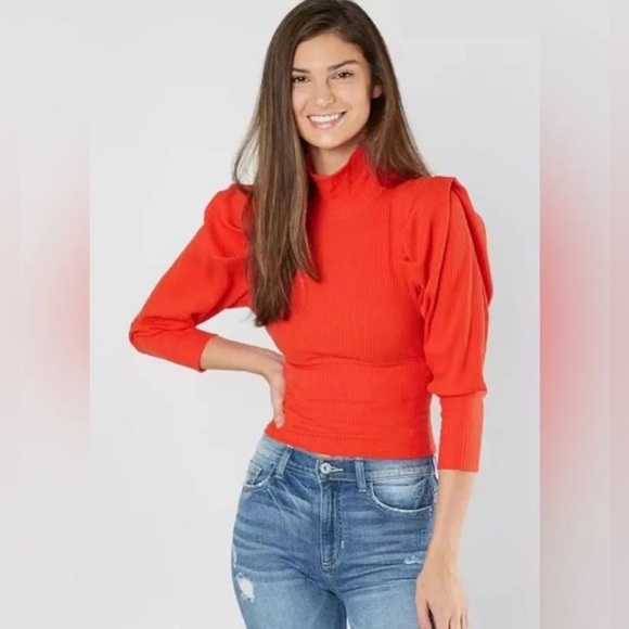 Free People Red Lala Tee Pleat Puff Sleeve Ribbed Mock Neck Cropped Top Size XS - Picture 1 of 11